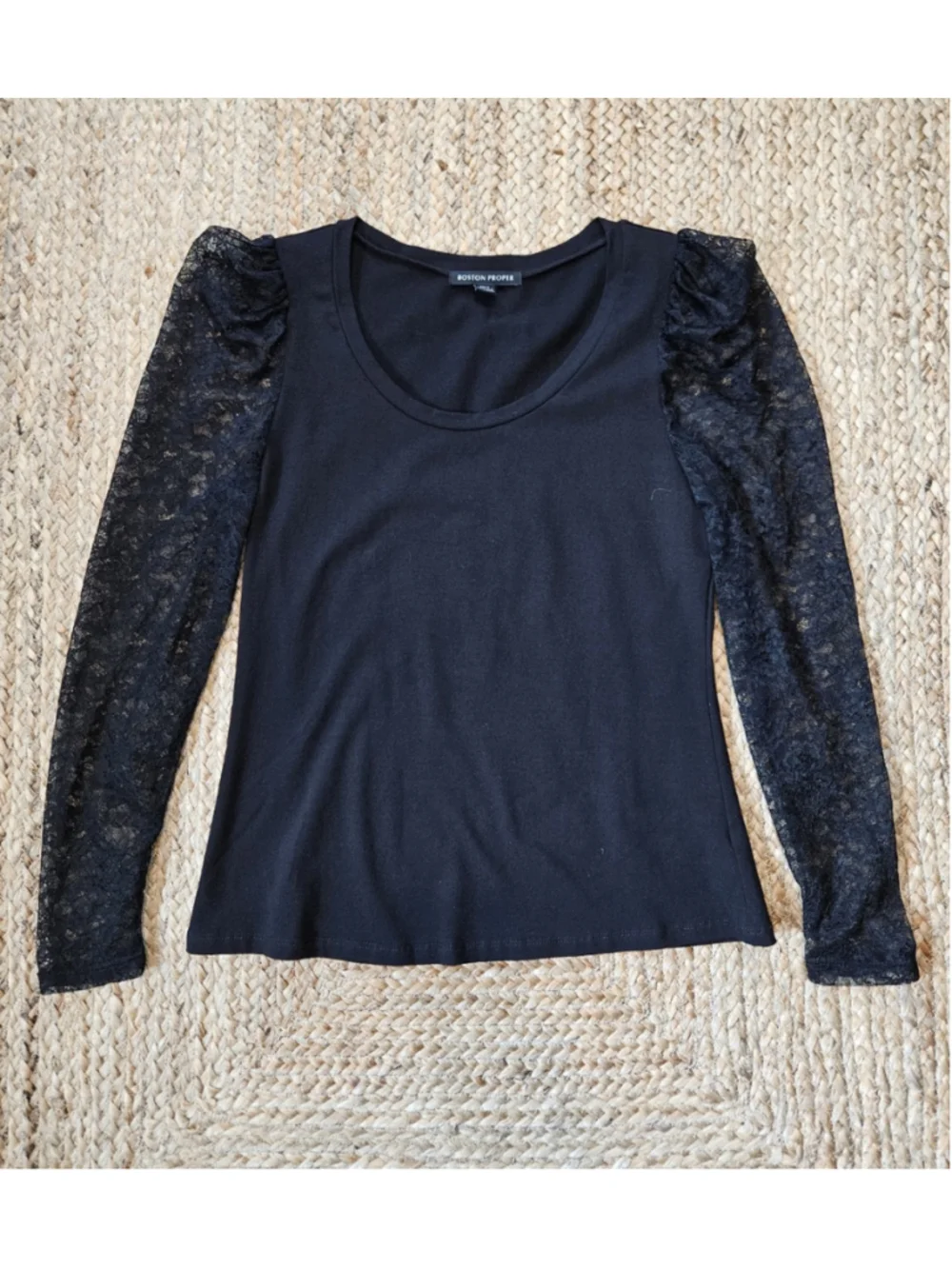 Boston Proper Lacey Black Long-Sleeve Top Shirt S